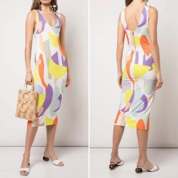 ALICE AND OLIVIA JAMES ABSTRACT PATTERN BODY-CON TANK DRESS IN WHITE MULTI 10 - Picture 1 of 14